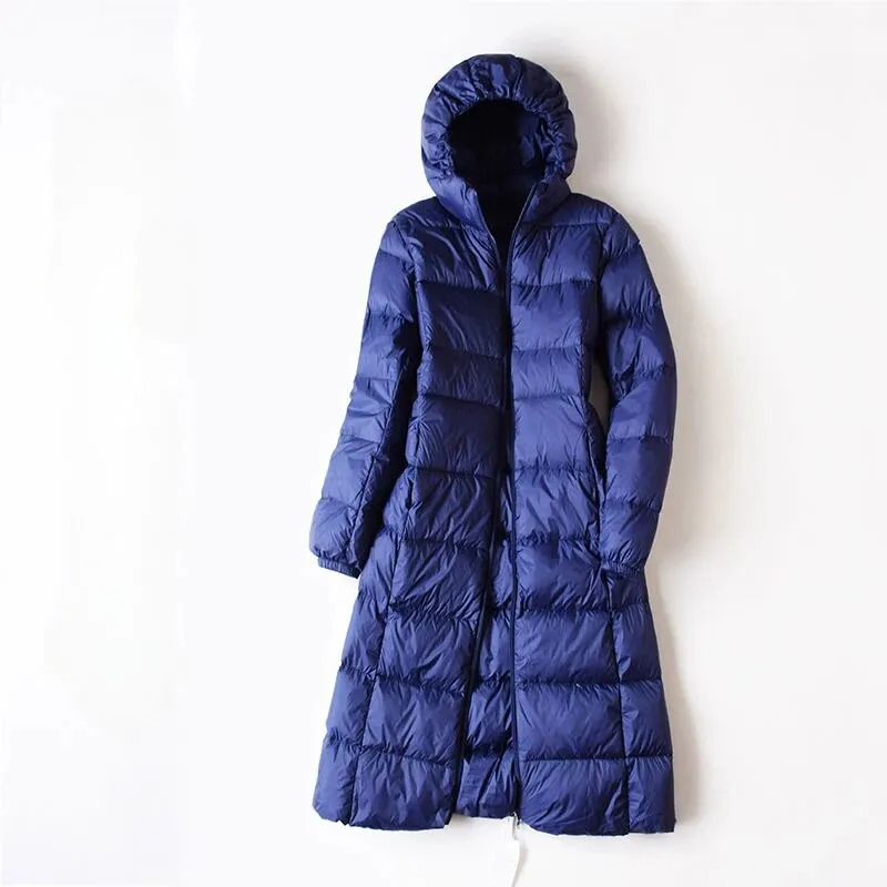 2023 New Women Down Jacket Winter Coat Female Long Knee Length Parkas Large Size Hooded Outwear Thin Comfortable Outcoat