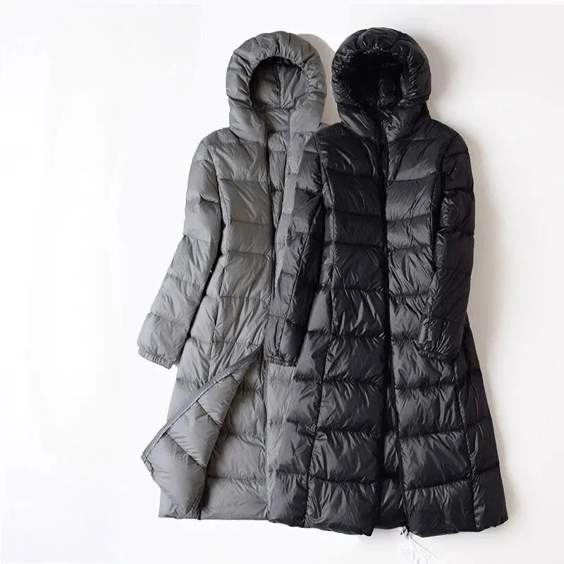 2023 New Women Down Jacket Winter Coat Female Long Knee Length Parkas Large Size Hooded Outwear Thin Comfortable Outcoat