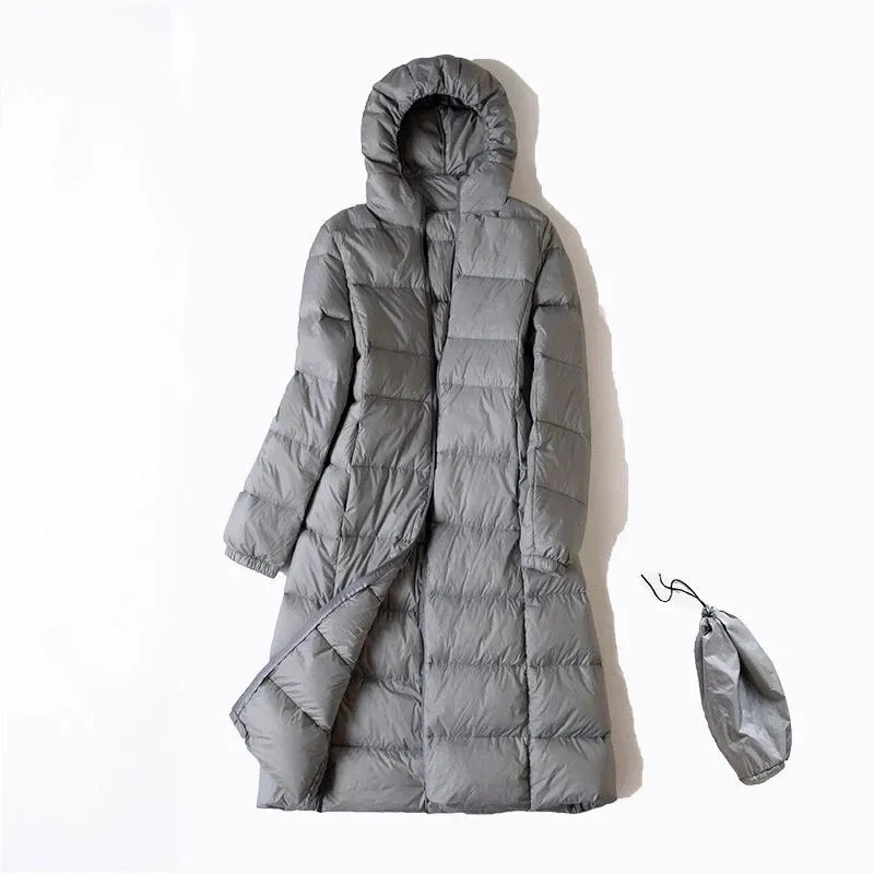 2023 New Women Down Jacket Winter Coat Female Long Knee Length Parkas Large Size Hooded Outwear Thin Comfortable Outcoat