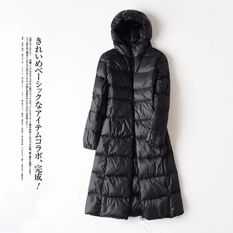 2023 New Women Down Jacket Winter Coat Female Long Knee Length Parkas Large Size Hooded Outwear Thin Comfortable Outcoat