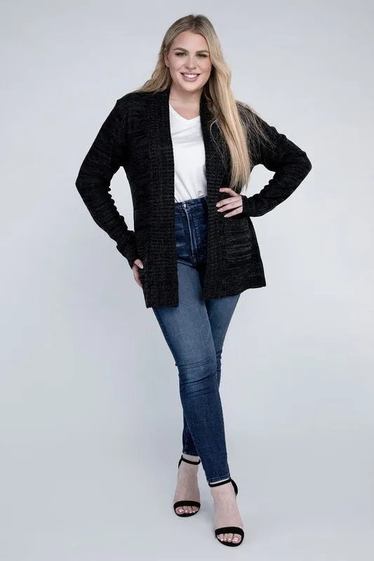 Ambiance Apparel Plus Size Black Open Front Longline Cardigan