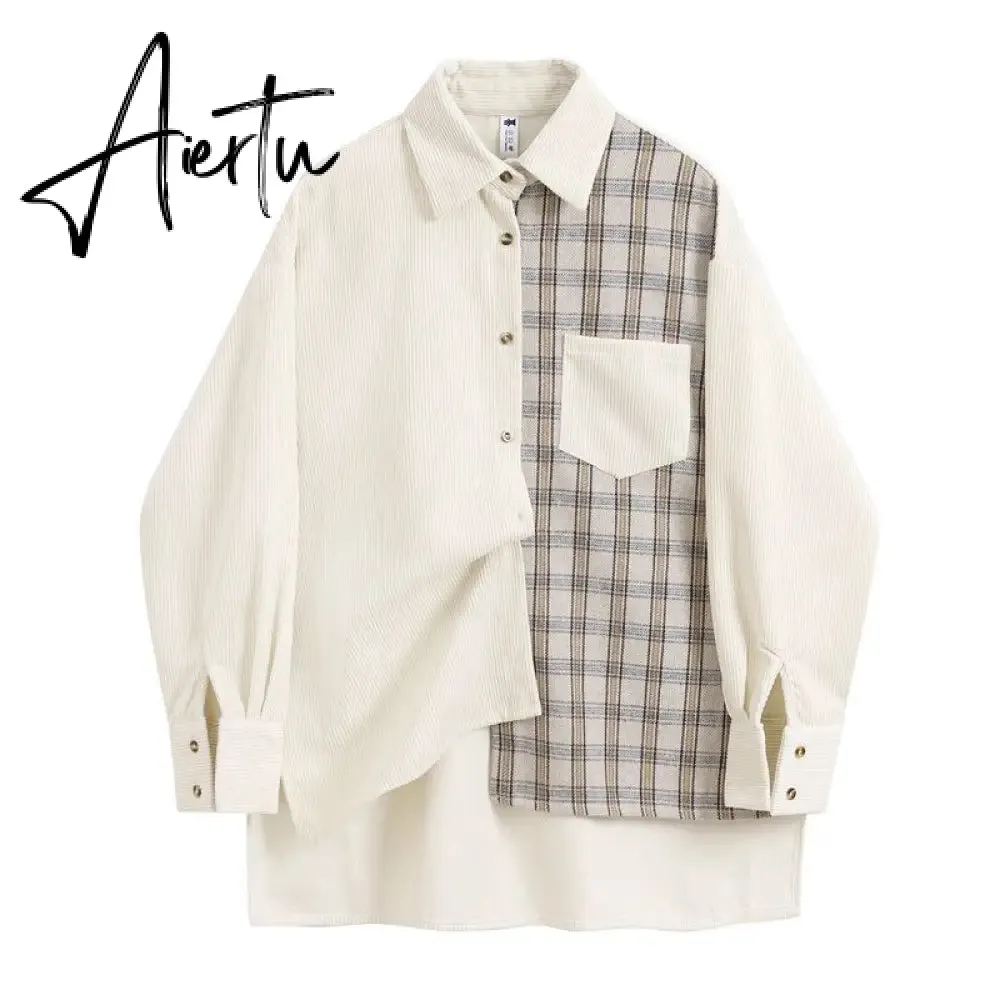 Awen Corduroy Splicing Plaid Shirt for Women Man Fashion Oversized Loose Cardigan Soft Corduroy Korean Lattice Blouse Jacket Top