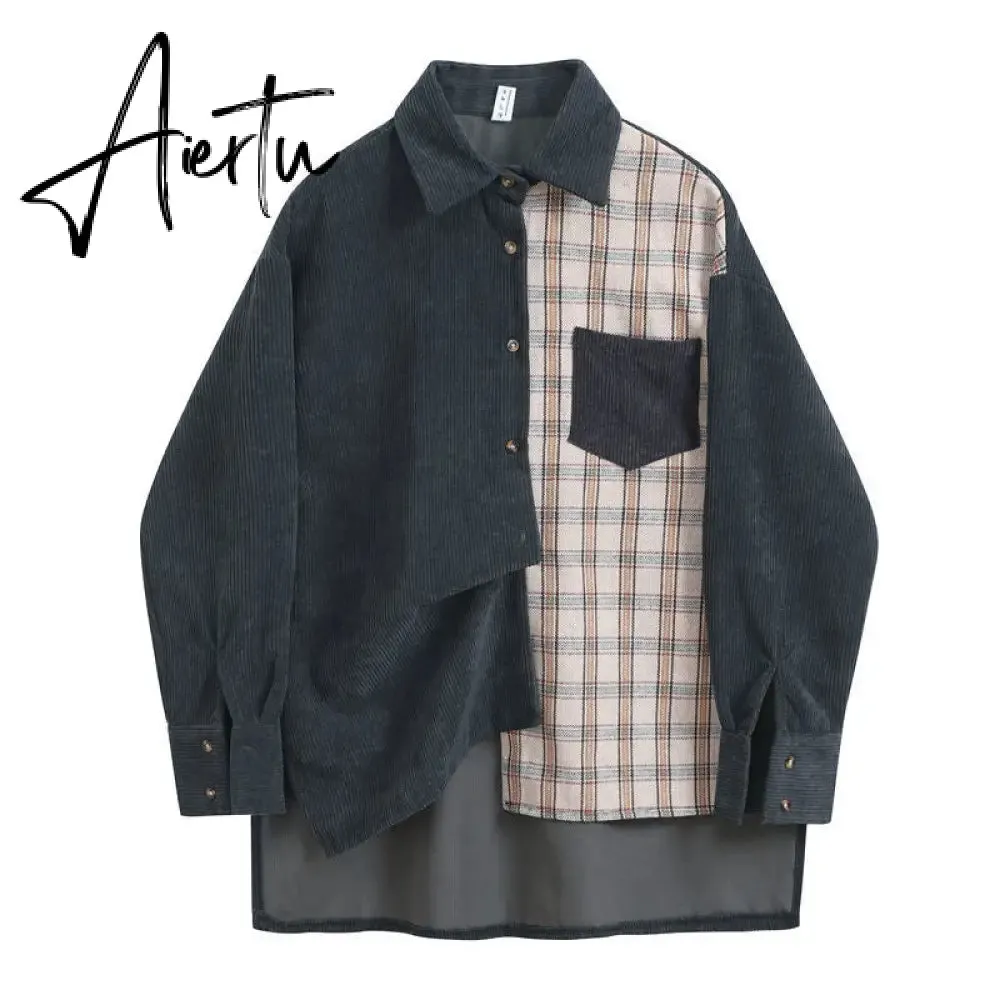 Awen Corduroy Splicing Plaid Shirt for Women Man Fashion Oversized Loose Cardigan Soft Corduroy Korean Lattice Blouse Jacket Top