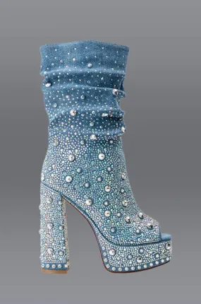 AZALEA WANG ADELA RHINESTONE SLOUCH BOOTIE IN DENIM