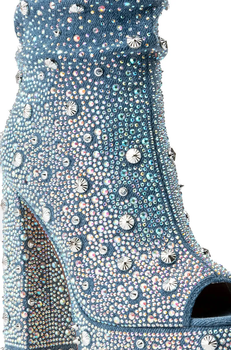 AZALEA WANG ADELA RHINESTONE SLOUCH BOOTIE IN DENIM