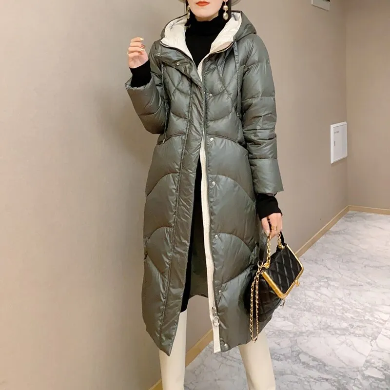 Back to College Joskaa Woman Parkas for Women White Black Cotton Casual Warm 2024 Autumn Winter Fashion Button Long Bubble Coat