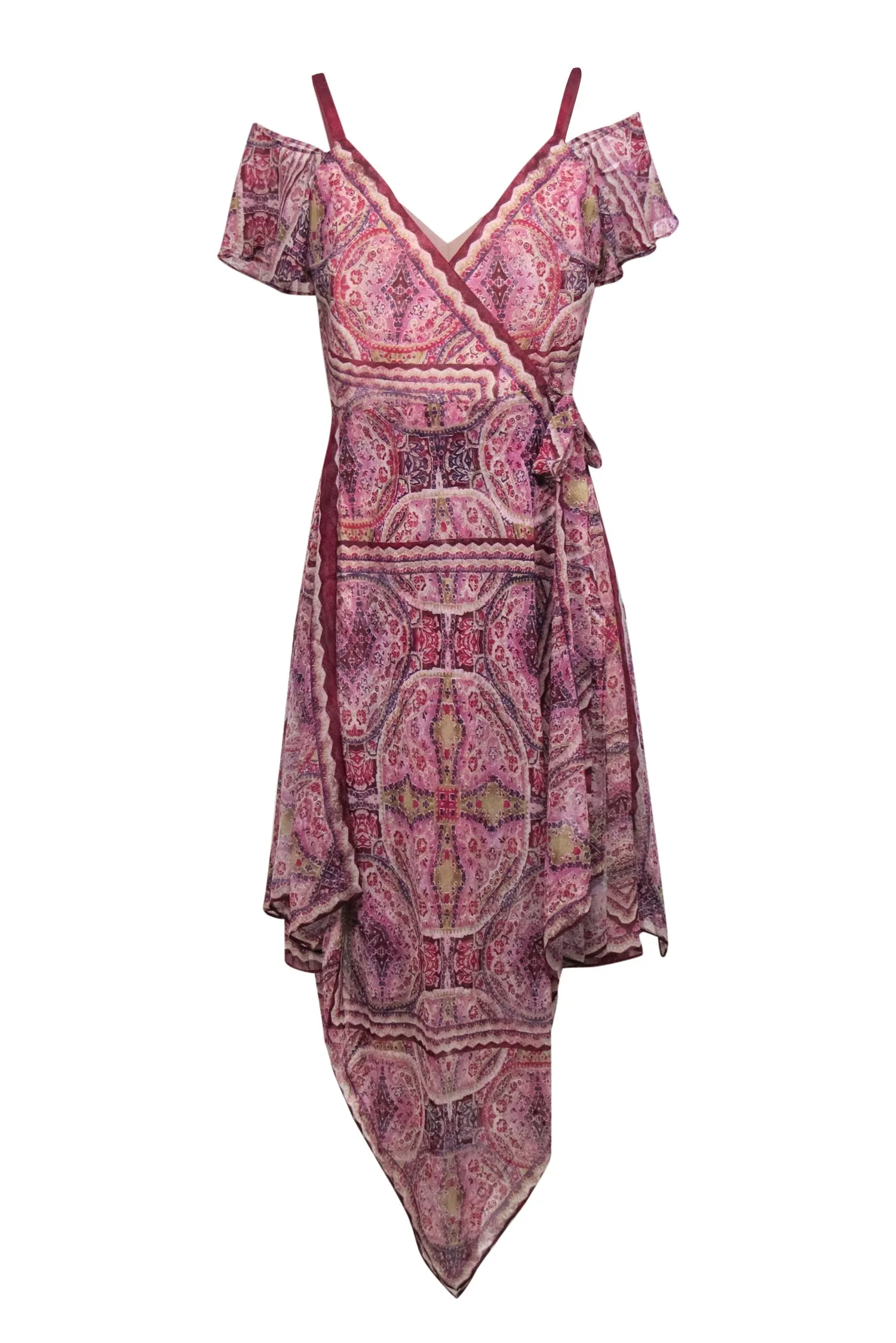 BCBG Max Azria - Purple Boho Printed Wrap Dress w/ Ruffles Sz S