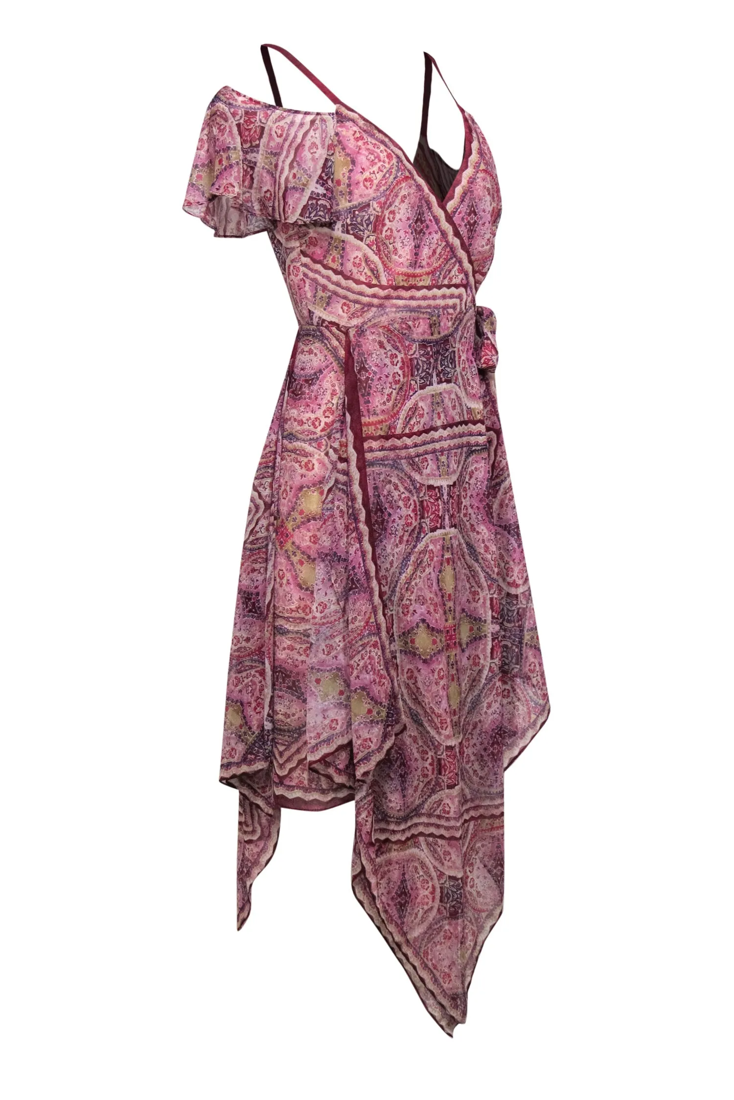 BCBG Max Azria - Purple Boho Printed Wrap Dress w/ Ruffles Sz S