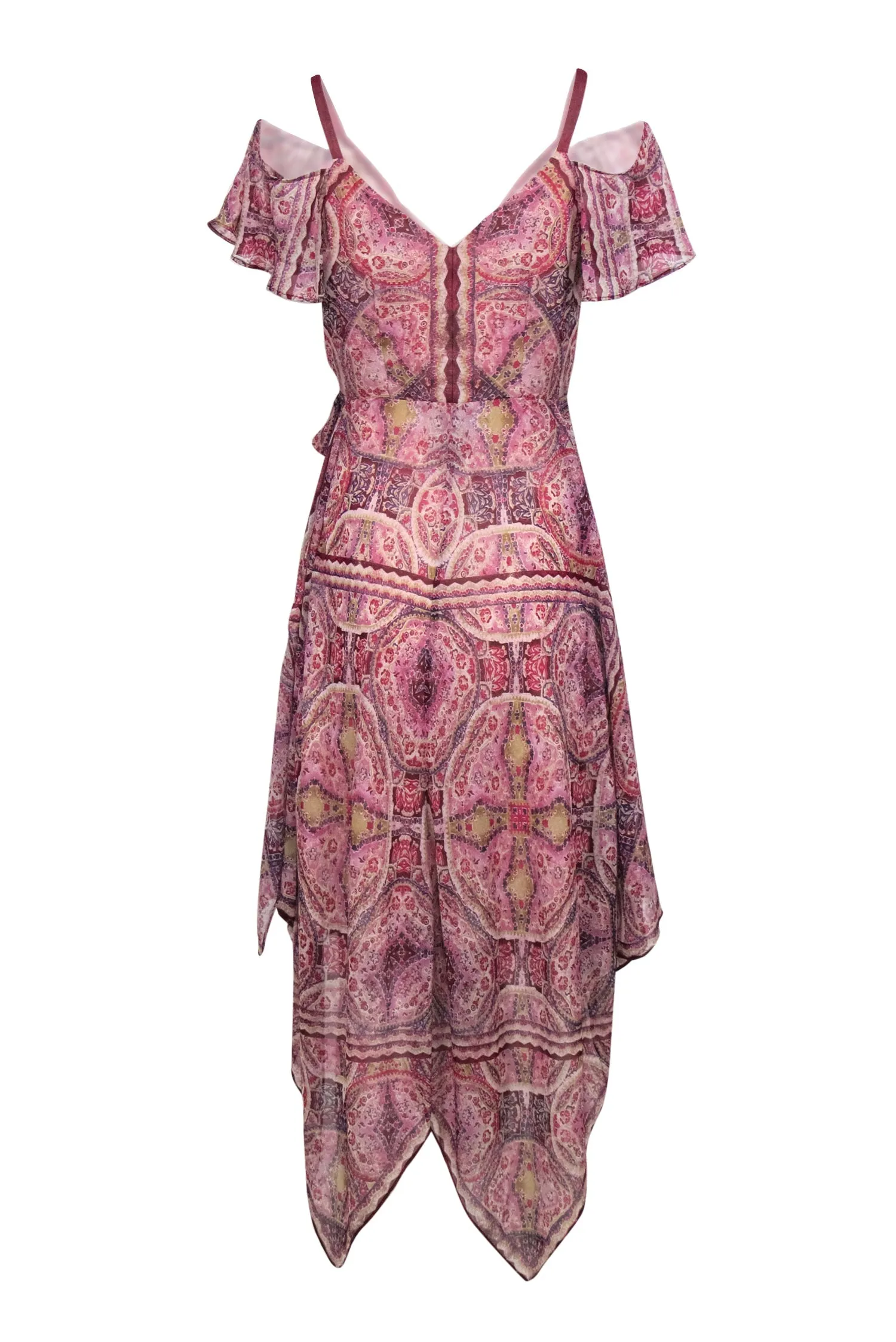 BCBG Max Azria - Purple Boho Printed Wrap Dress w/ Ruffles Sz S