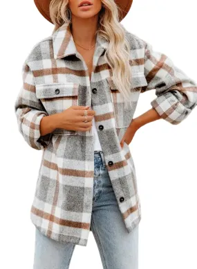 Beaully Women's Brushed Plaid Shirts Long Sleeve Flannel Lapel Button Down Pocketed Shacket Jacket Coats 6017 Khaki XX-Large