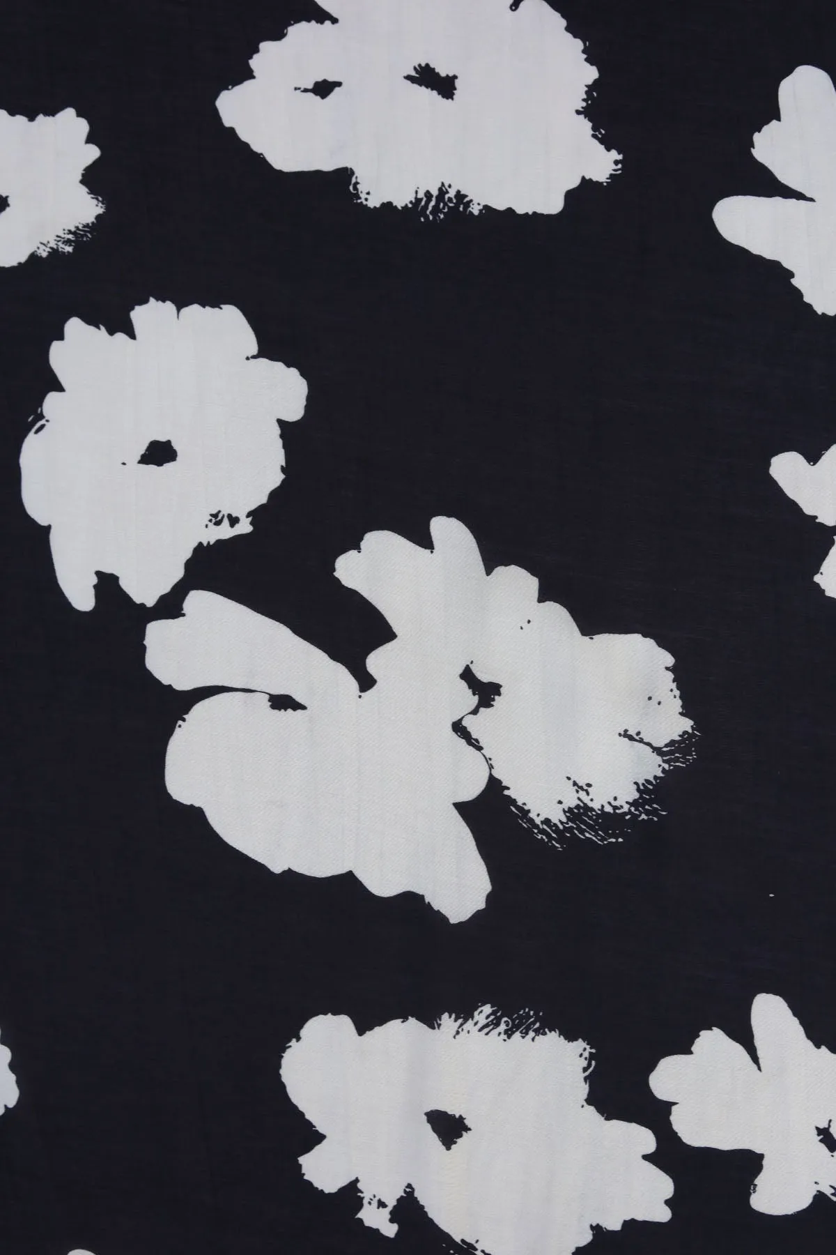 Black and Off White Sketchy Pattern Flower Motif Printed Natural Muslin Silk Fabric