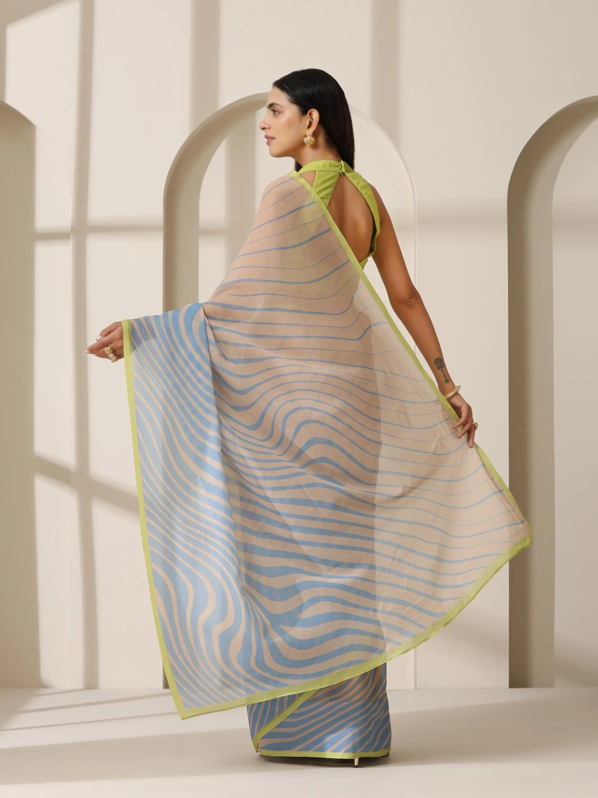 Blue Waves Chiffon Print Saree with Neon Border & Blouse Fabric