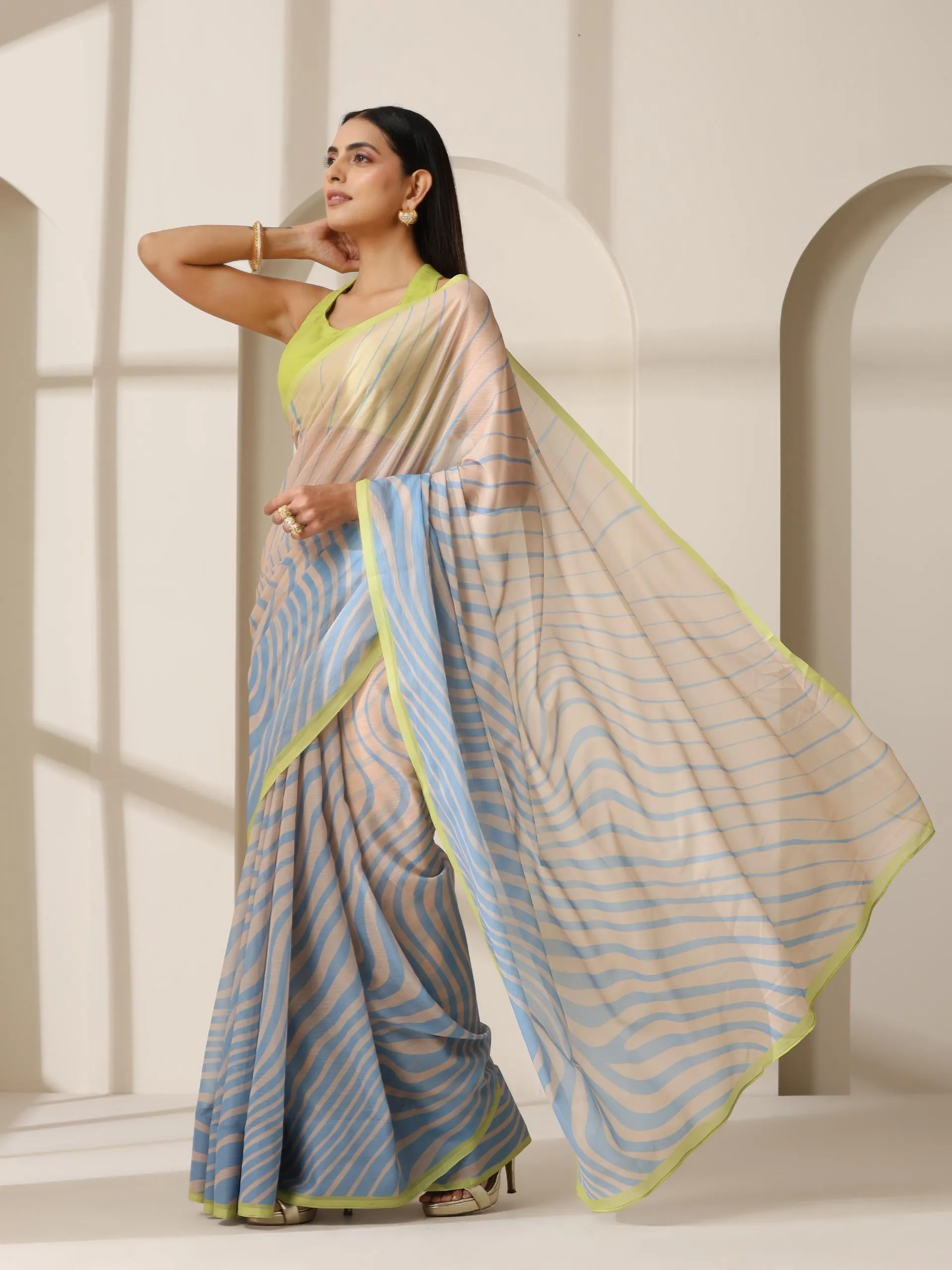 Blue Waves Chiffon Print Saree with Neon Border & Blouse Fabric