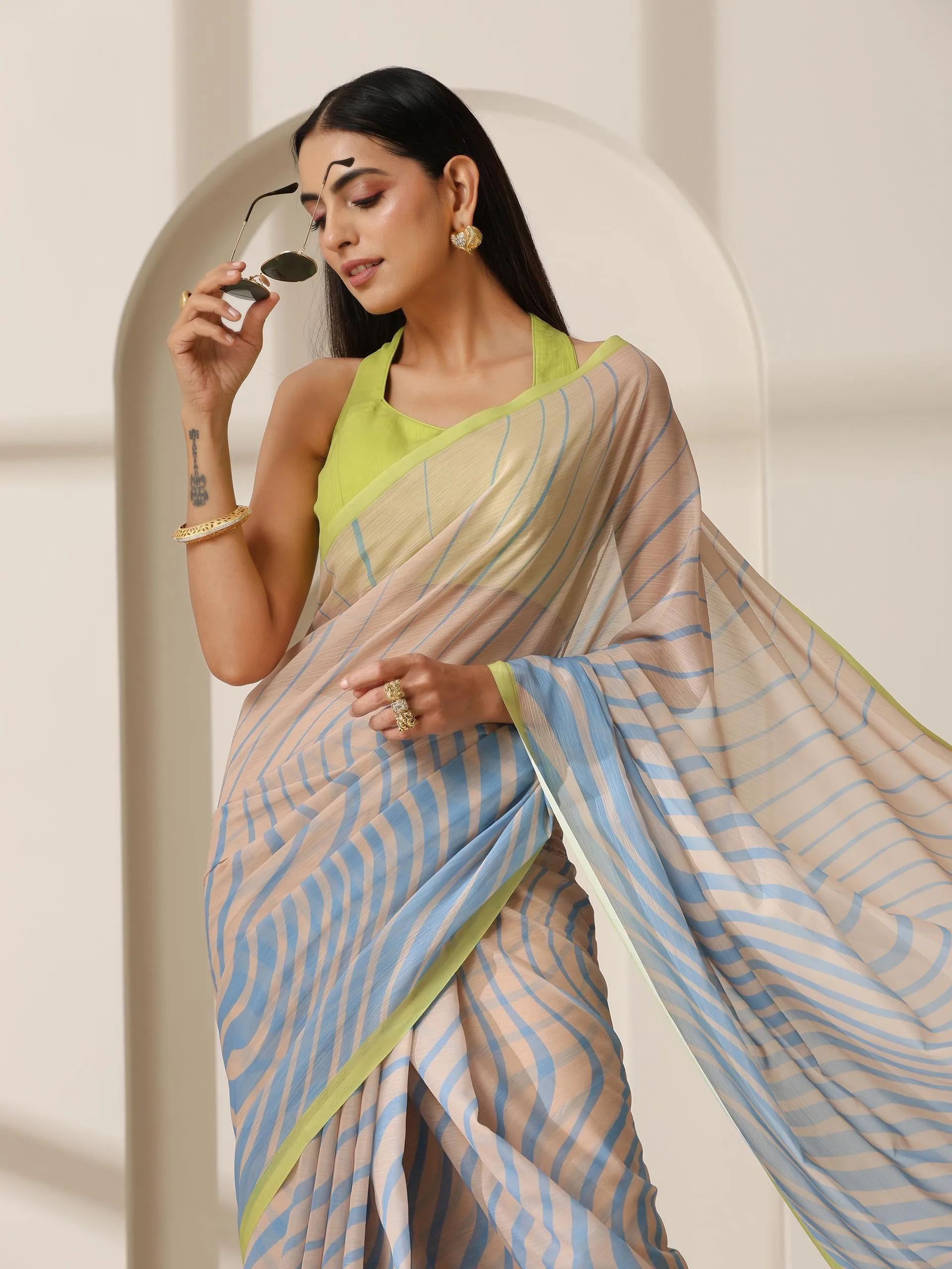 Blue Waves Chiffon Print Saree with Neon Border & Blouse Fabric