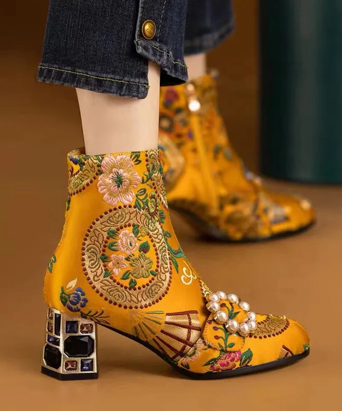 Bohemian Yellow Embroidery Nail Bead Zircon Chunky Heel Boots CZ1012