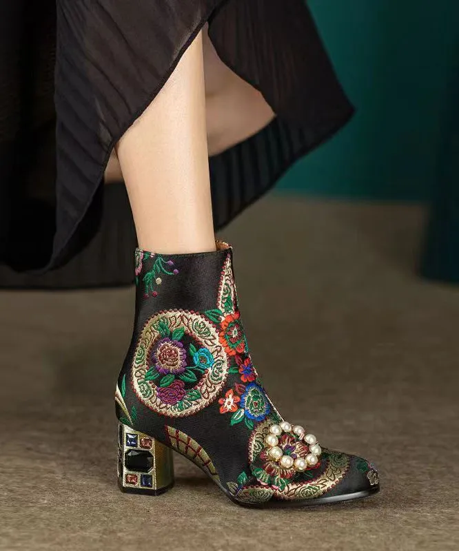 Bohemian Yellow Embroidery Nail Bead Zircon Chunky Heel Boots CZ1012