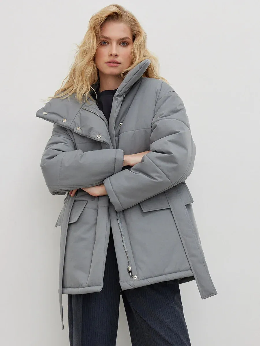 Bornladies Quilted Jacket Women Winter Loose Parkas Coat Vintage Belted Outwear Office Ladies Warm Cotton Puffer Jackets