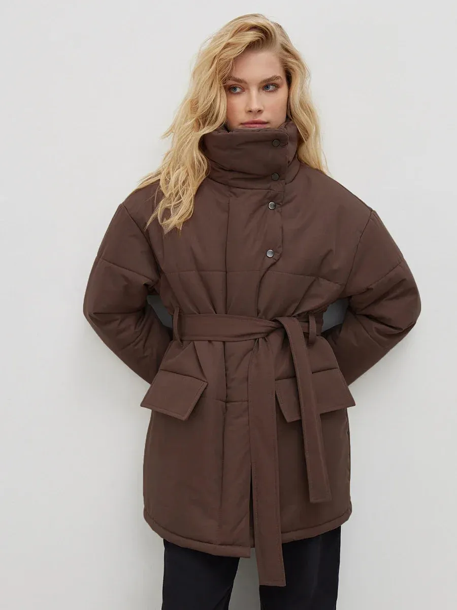 Bornladies Quilted Jacket Women Winter Loose Parkas Coat Vintage Belted Outwear Office Ladies Warm Cotton Puffer Jackets