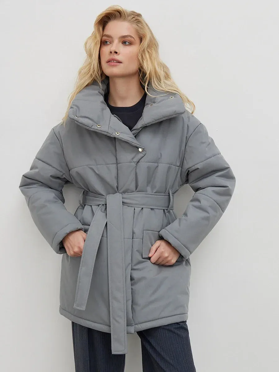 Bornladies Quilted Jacket Women Winter Loose Parkas Coat Vintage Belted Outwear Office Ladies Warm Cotton Puffer Jackets