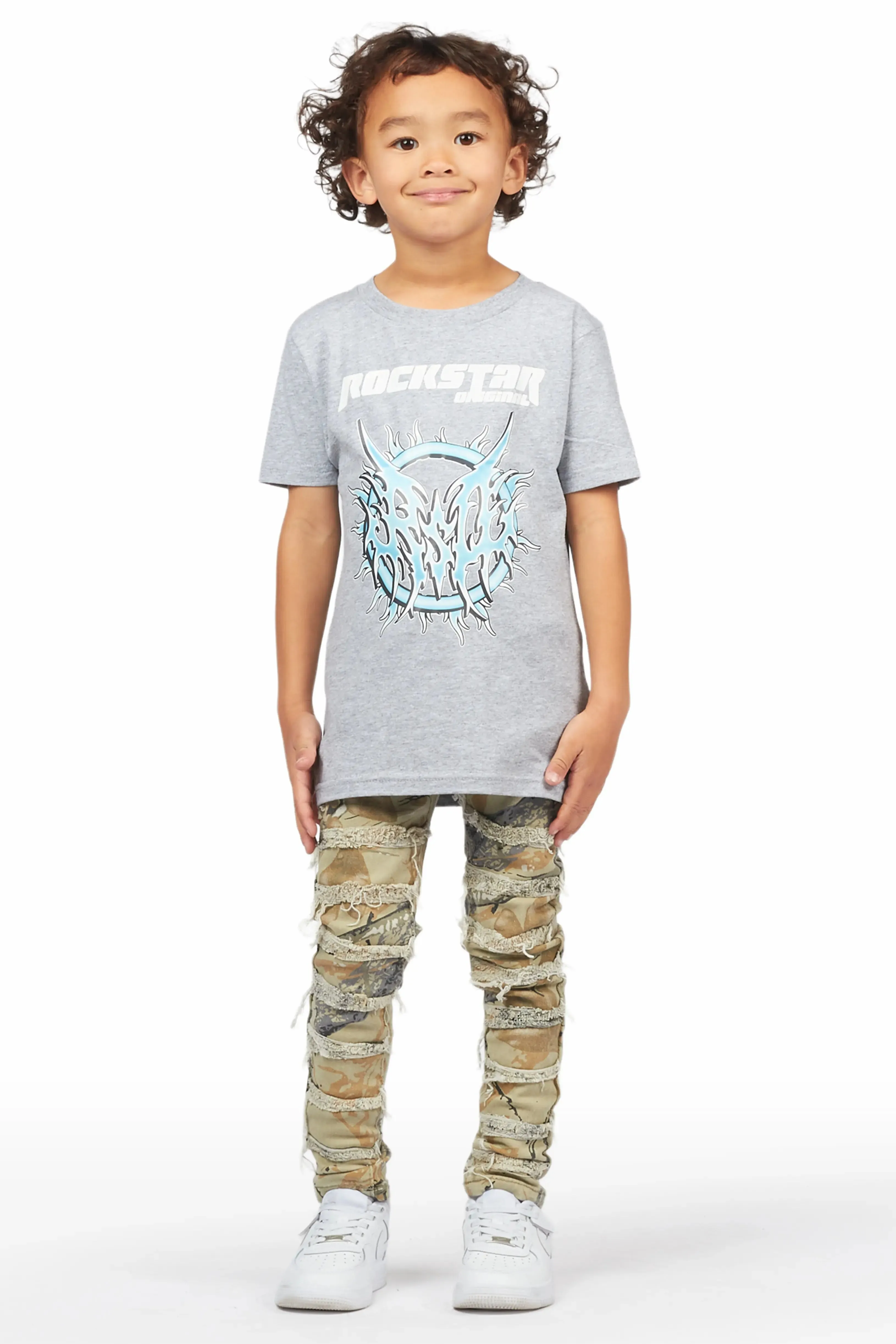 Boys Mahak Beige Camo Frayed Jeans