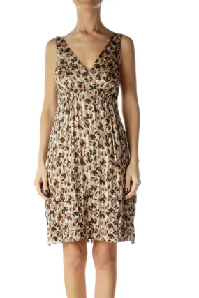 Brown Printed V-Neck Day Dress