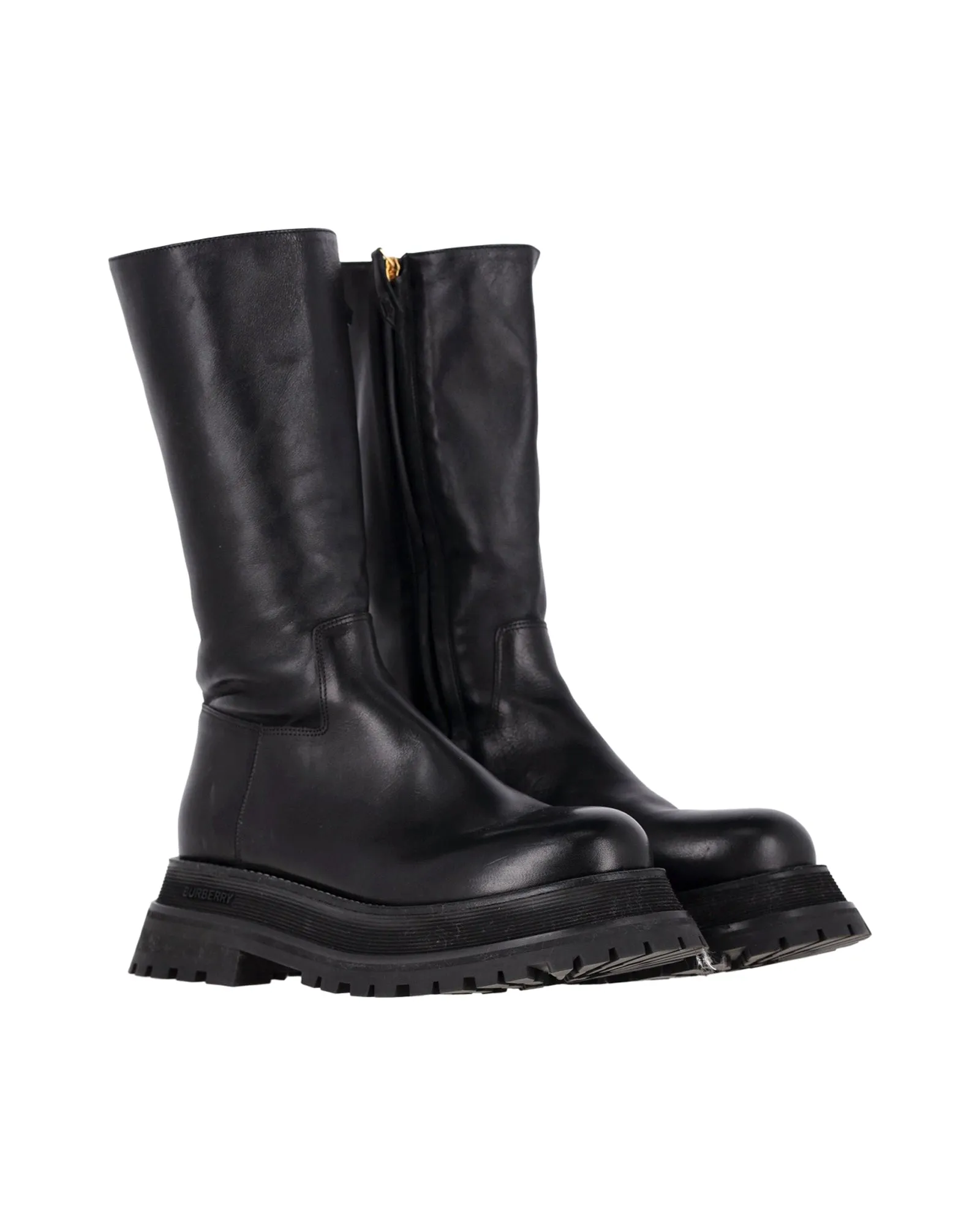 Burberry Jeffy Flatform Chunky Sole Boots in Black Leather