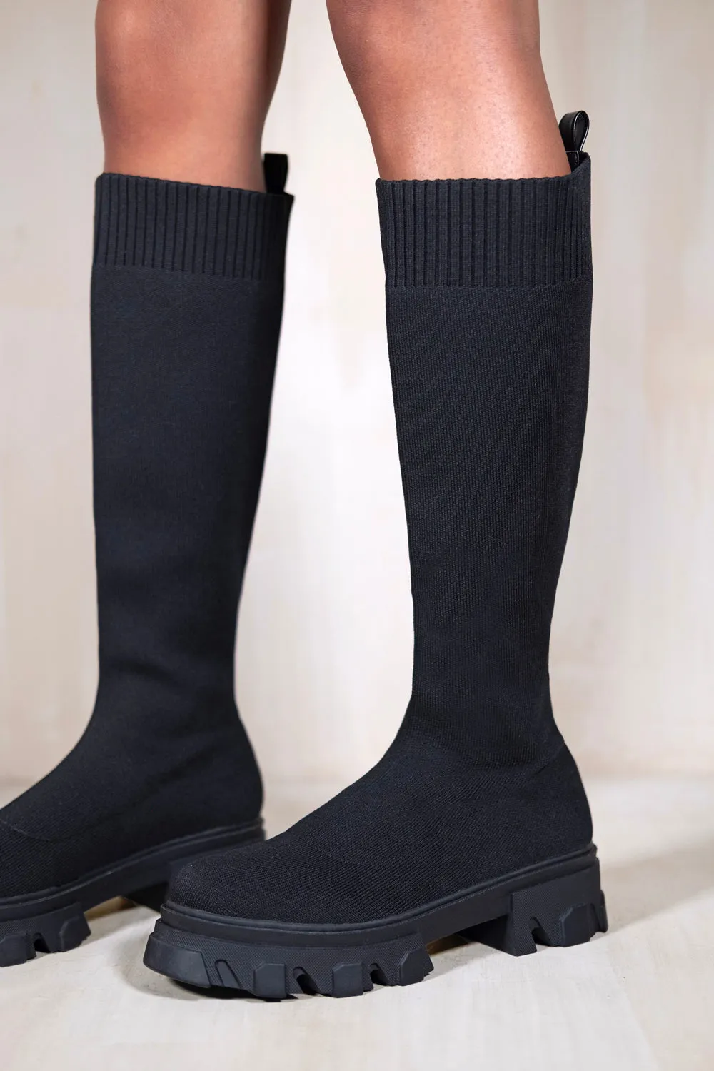 CHARMAINE CHUNKY KNEE HIGH BOOT WITH KNITTED SOCK IN BLACK