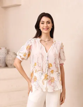 Cyrene Short Sleeve Button Front Blouse in White Floral