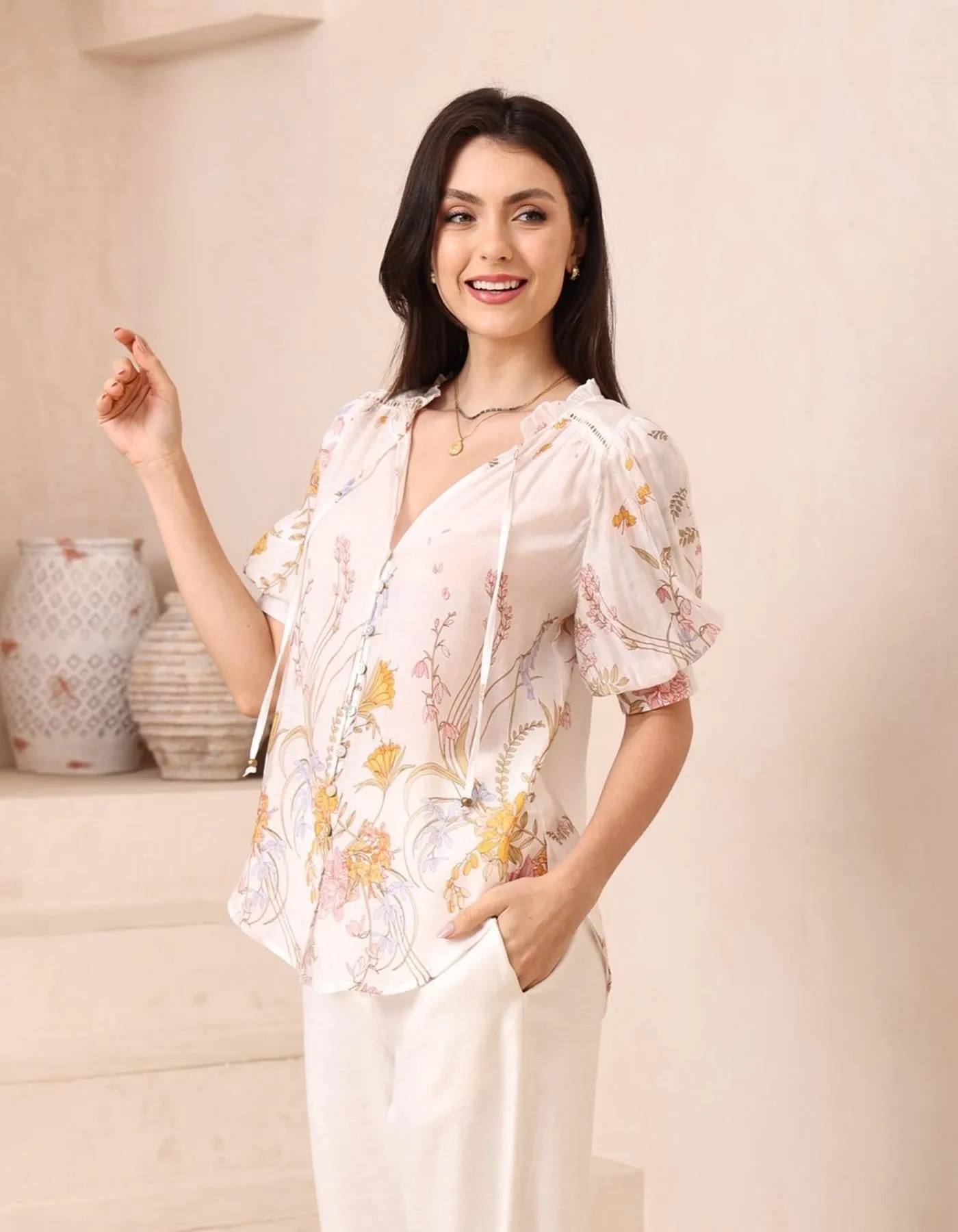 Cyrene Short Sleeve Button Front Blouse in White Floral