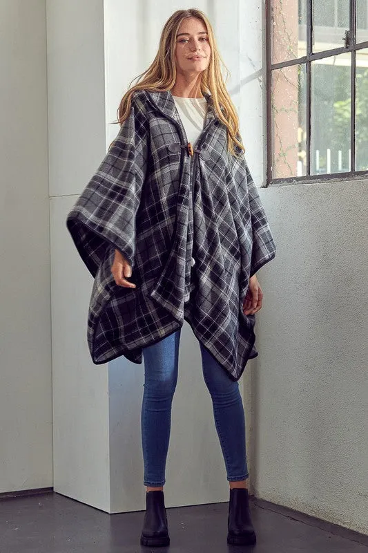 E LUNA Toggle Close Plaid Poncho