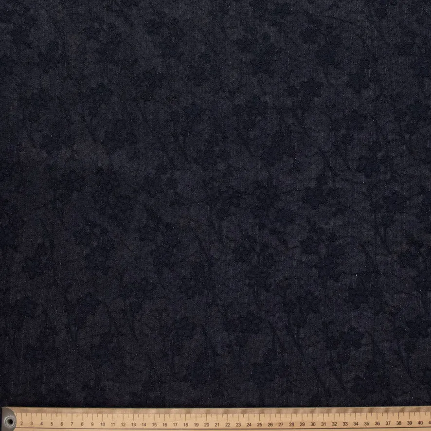 Glitter Flower Brocade Navy Linen Look