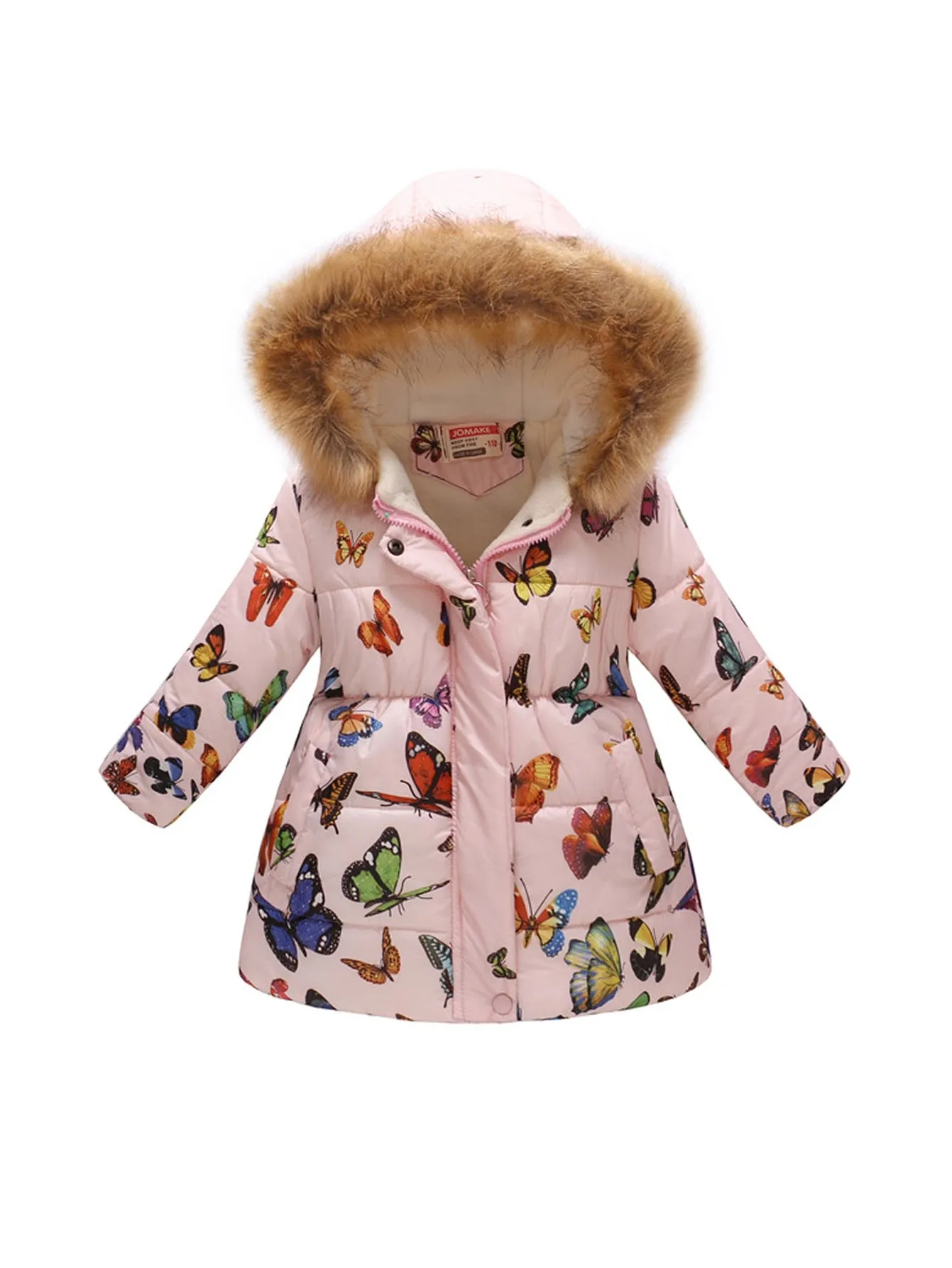 Kids Girls Cotton-Padded Flower Print and Fleece Hooded Jackets