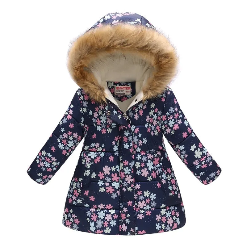 Kids Girls Cotton-Padded Flower Print and Fleece Hooded Jackets