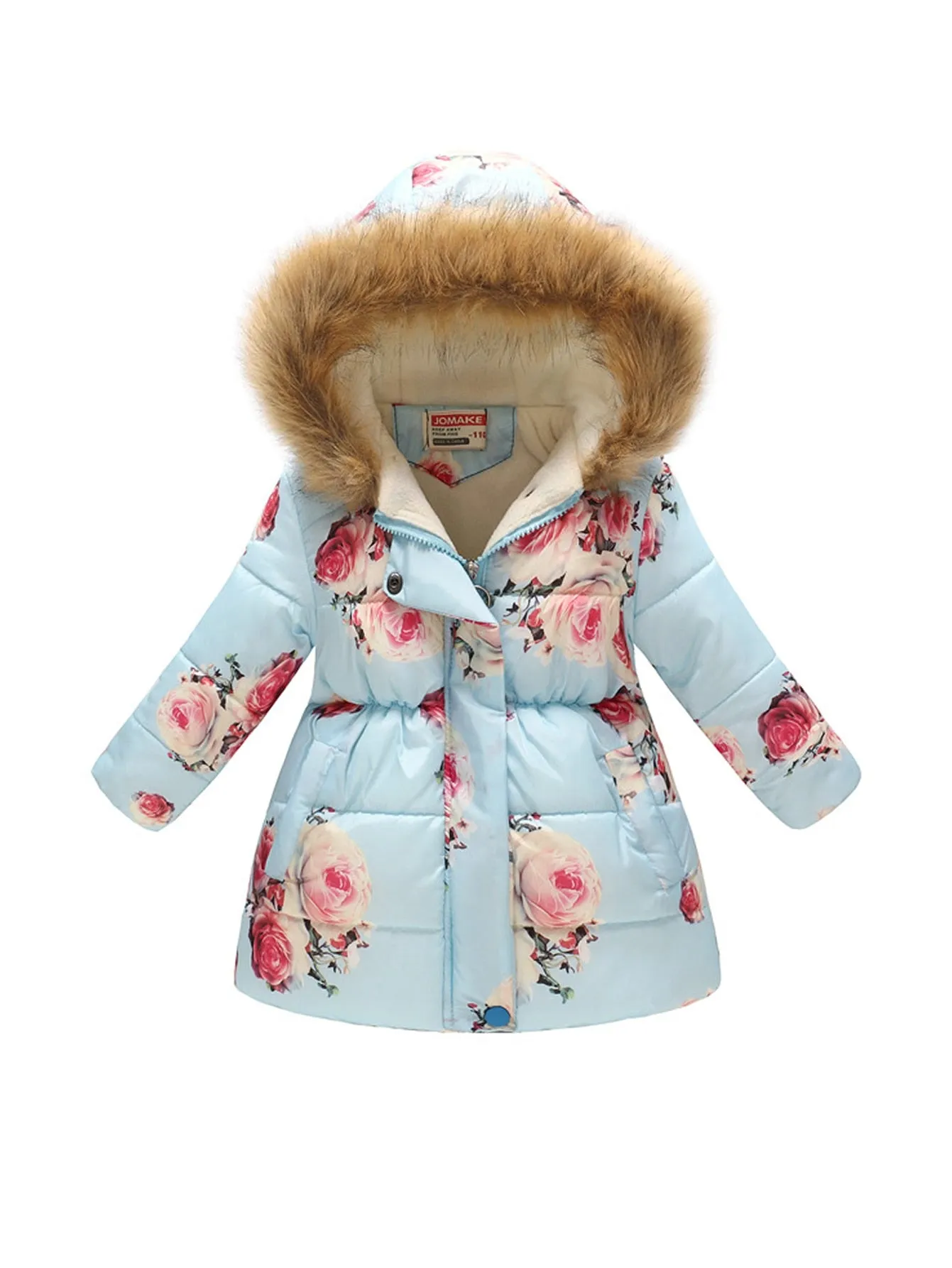 Kids Girls Cotton-Padded Flower Print and Fleece Hooded Jackets