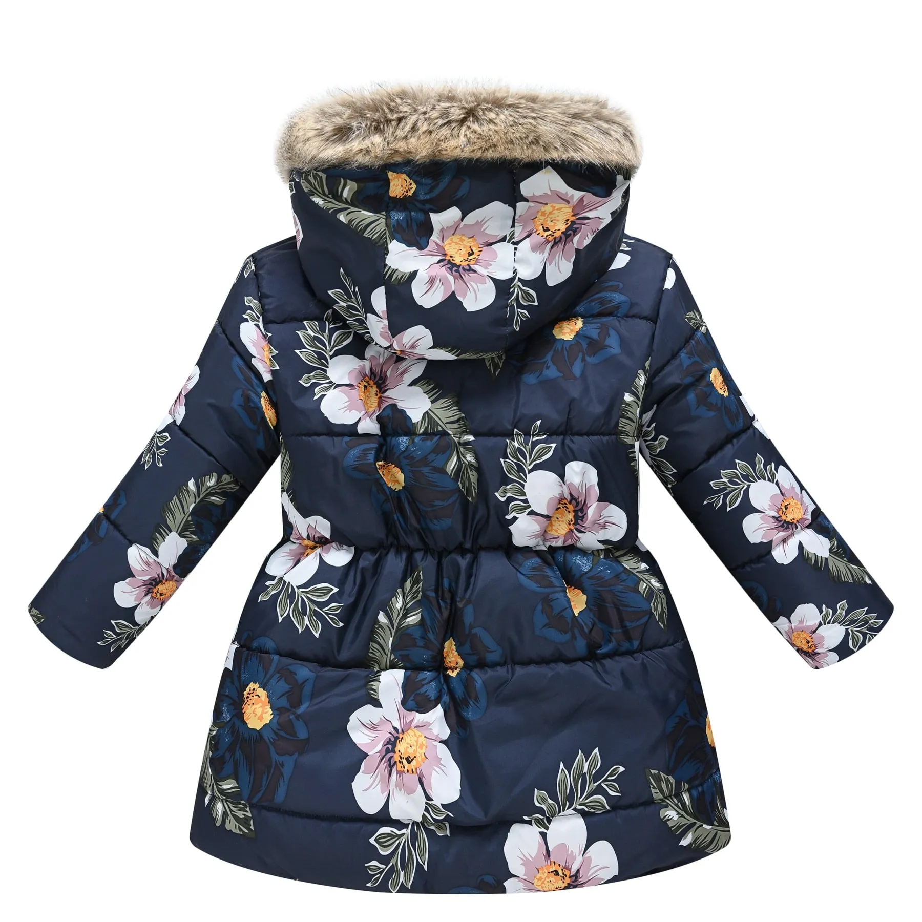 Kids Girls Cotton-Padded Flower Print and Fleece Hooded Jackets