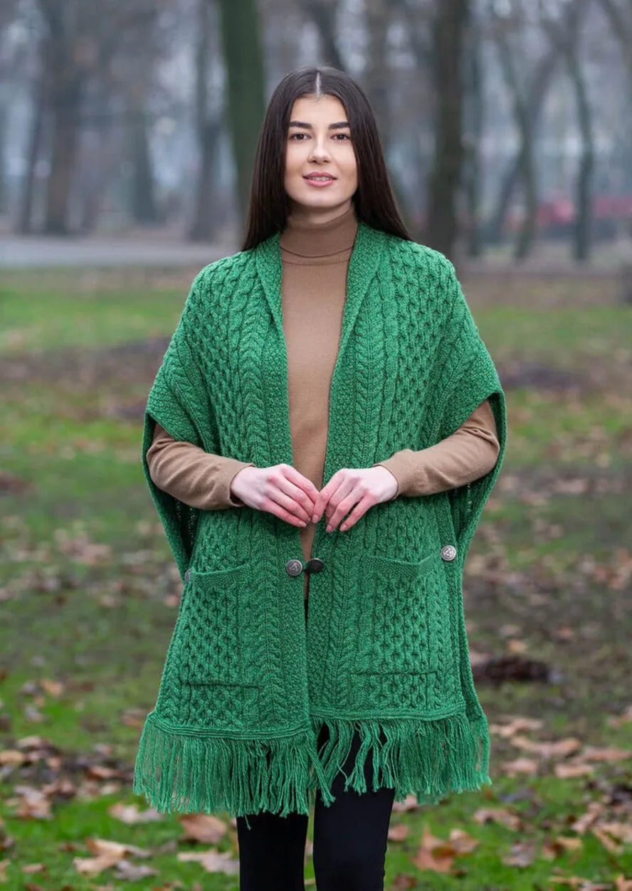 Ladies Aran Pocket Shawl | Green