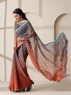 Lava Orange Waves Chiffon Print Saree with Blue Border & Grey Blouse Fabric