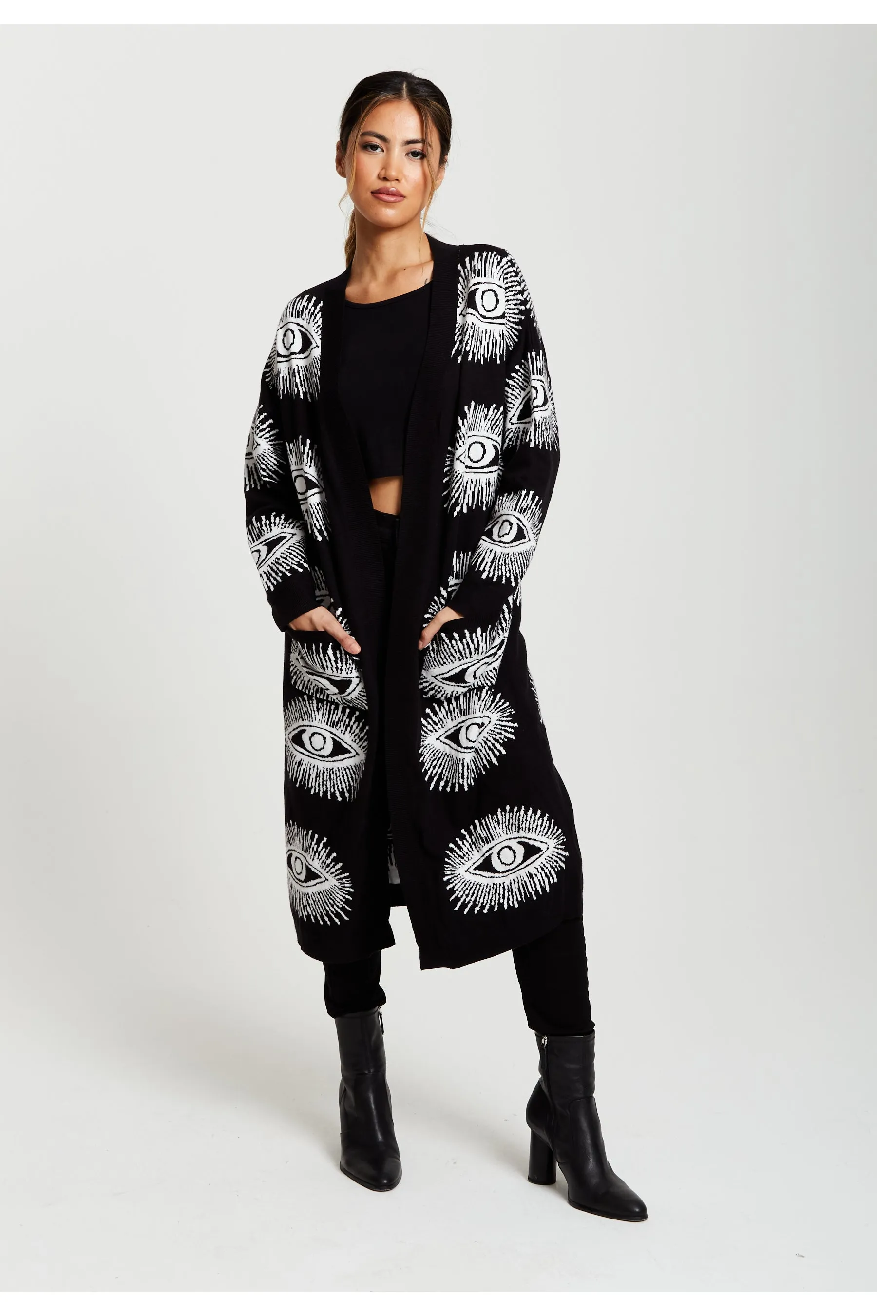 Liquorish Eye Pattern Longline Cardigan In Black