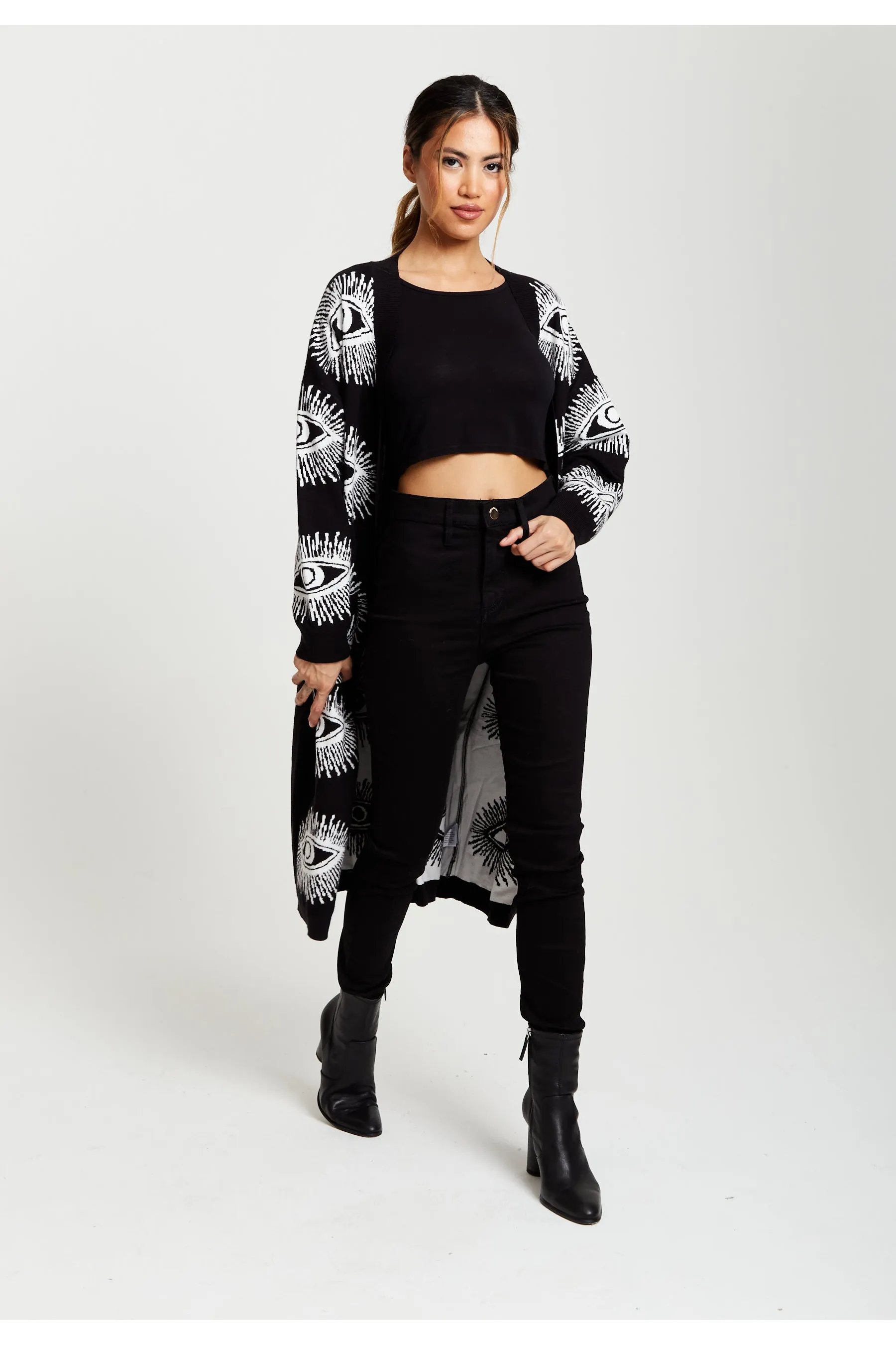 Liquorish Eye Pattern Longline Cardigan In Black