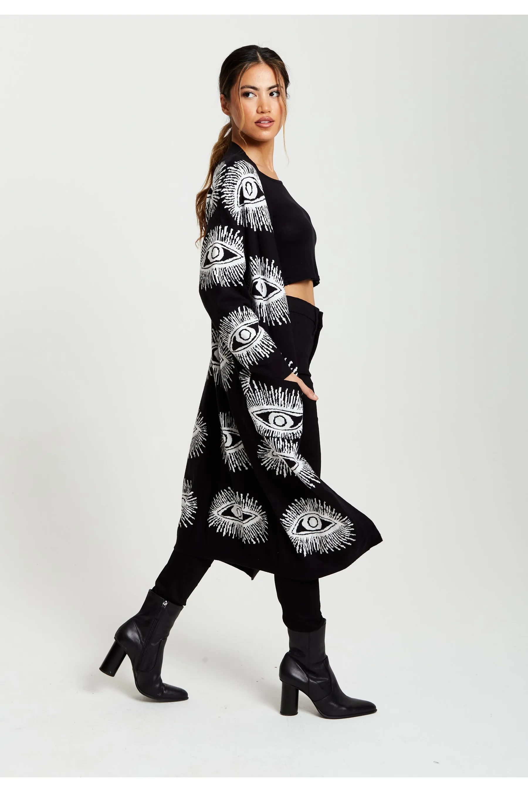 Liquorish Eye Pattern Longline Cardigan In Black