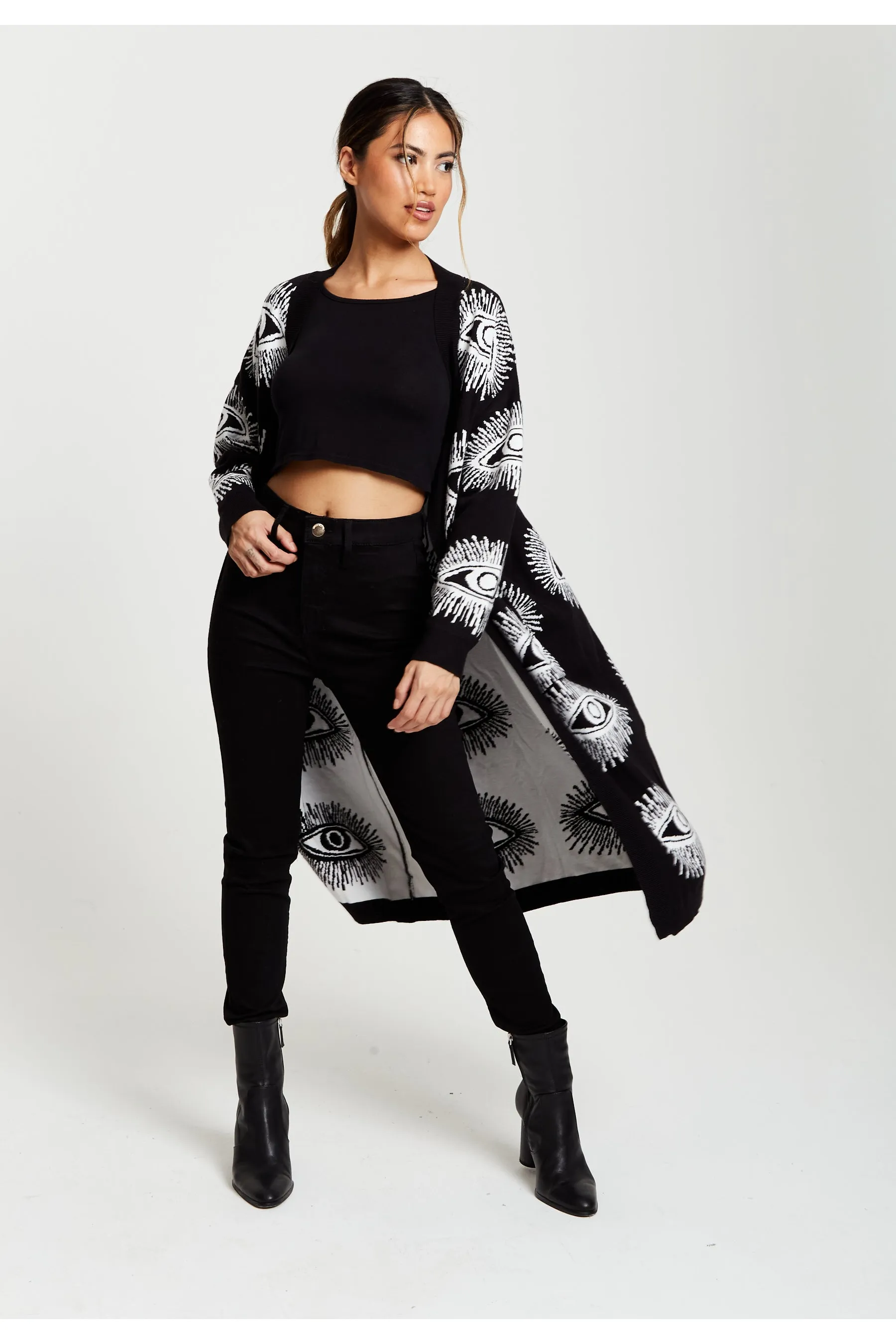 Liquorish Eye Pattern Longline Cardigan In Black