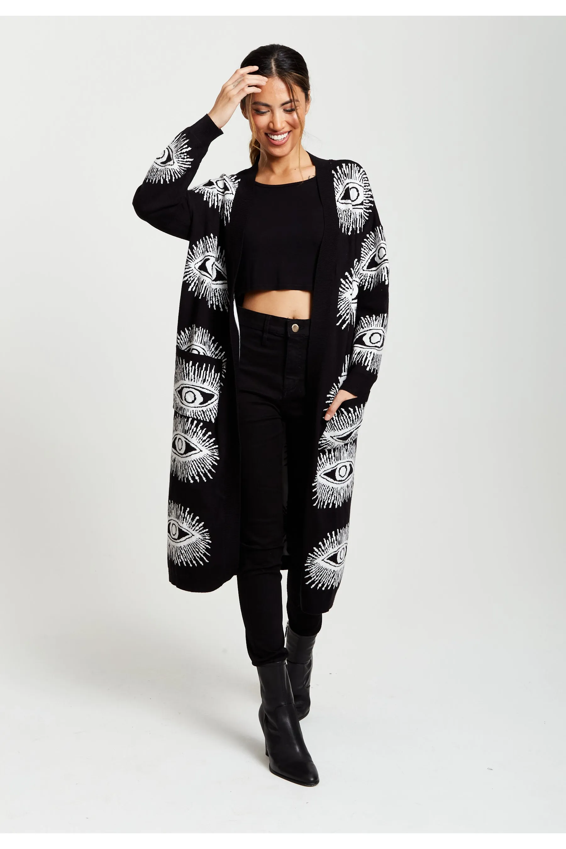 Liquorish Eye Pattern Longline Cardigan In Black