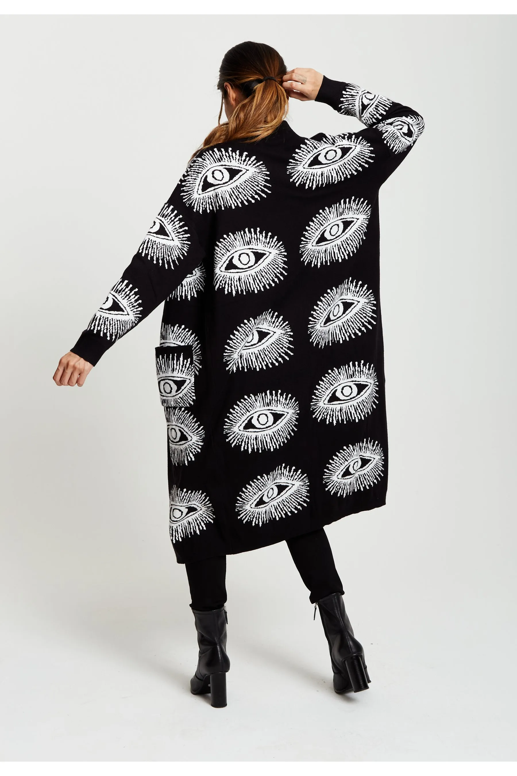 Liquorish Eye Pattern Longline Cardigan In Black