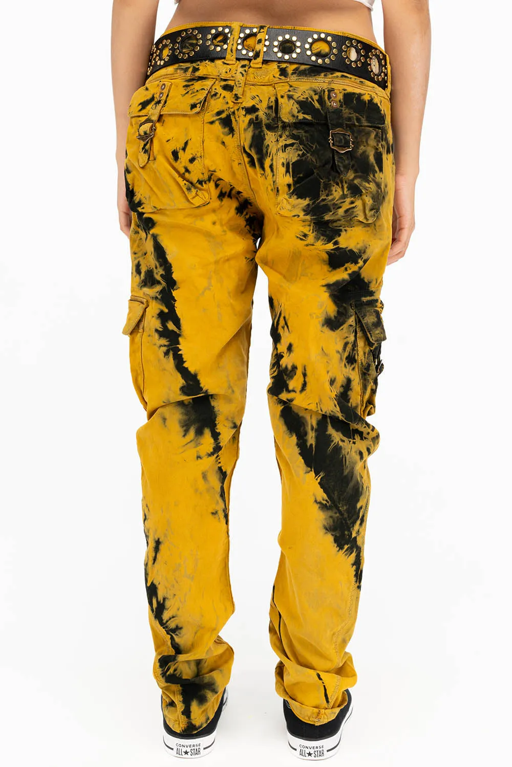 MILITARY STYLE WOMENS CARGO PANTS IN TIE DYE YELLOW