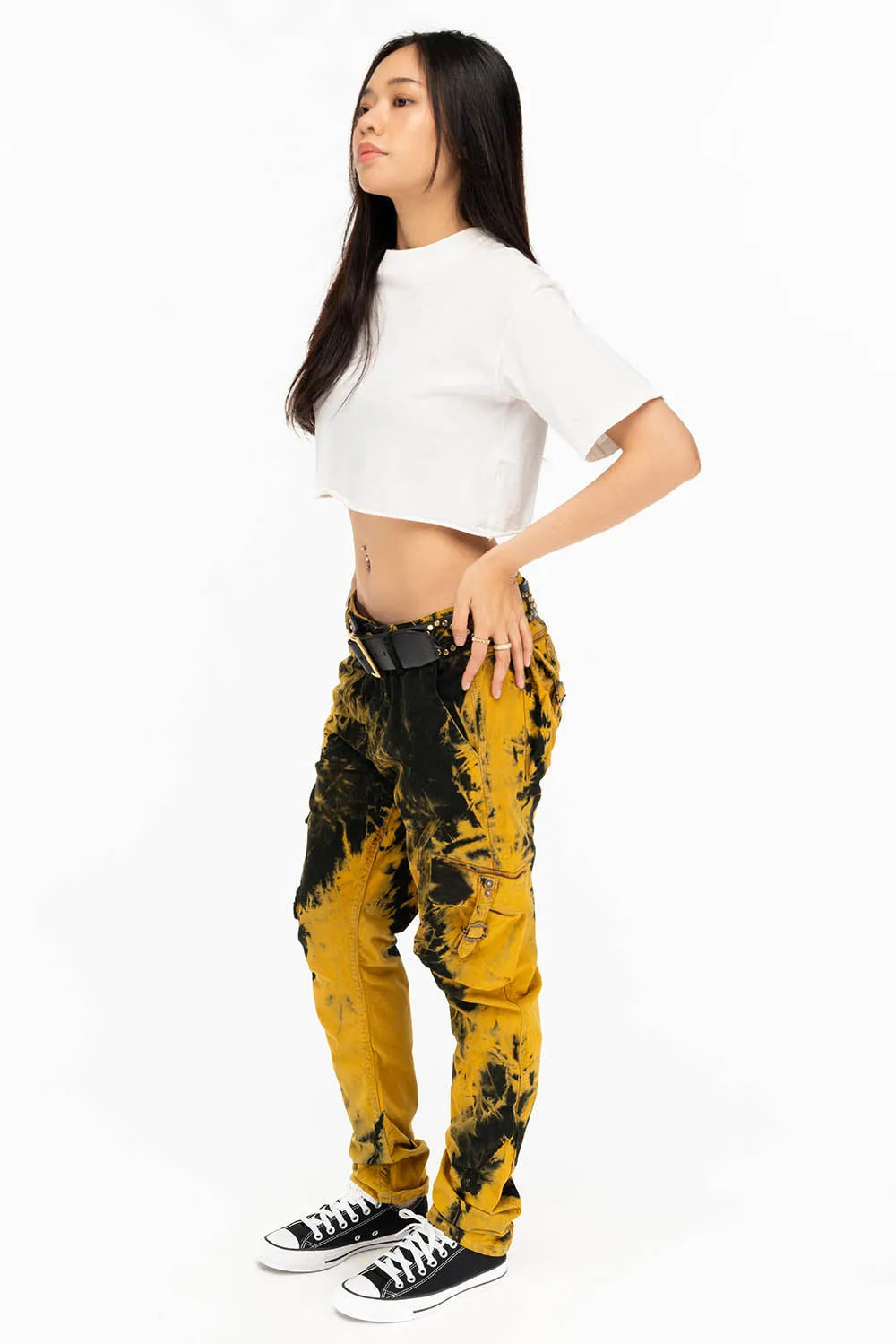 MILITARY STYLE WOMENS CARGO PANTS IN TIE DYE YELLOW