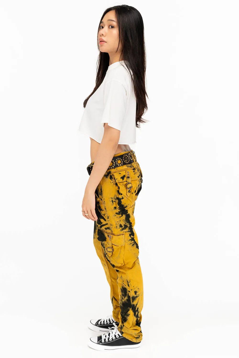 MILITARY STYLE WOMENS CARGO PANTS IN TIE DYE YELLOW