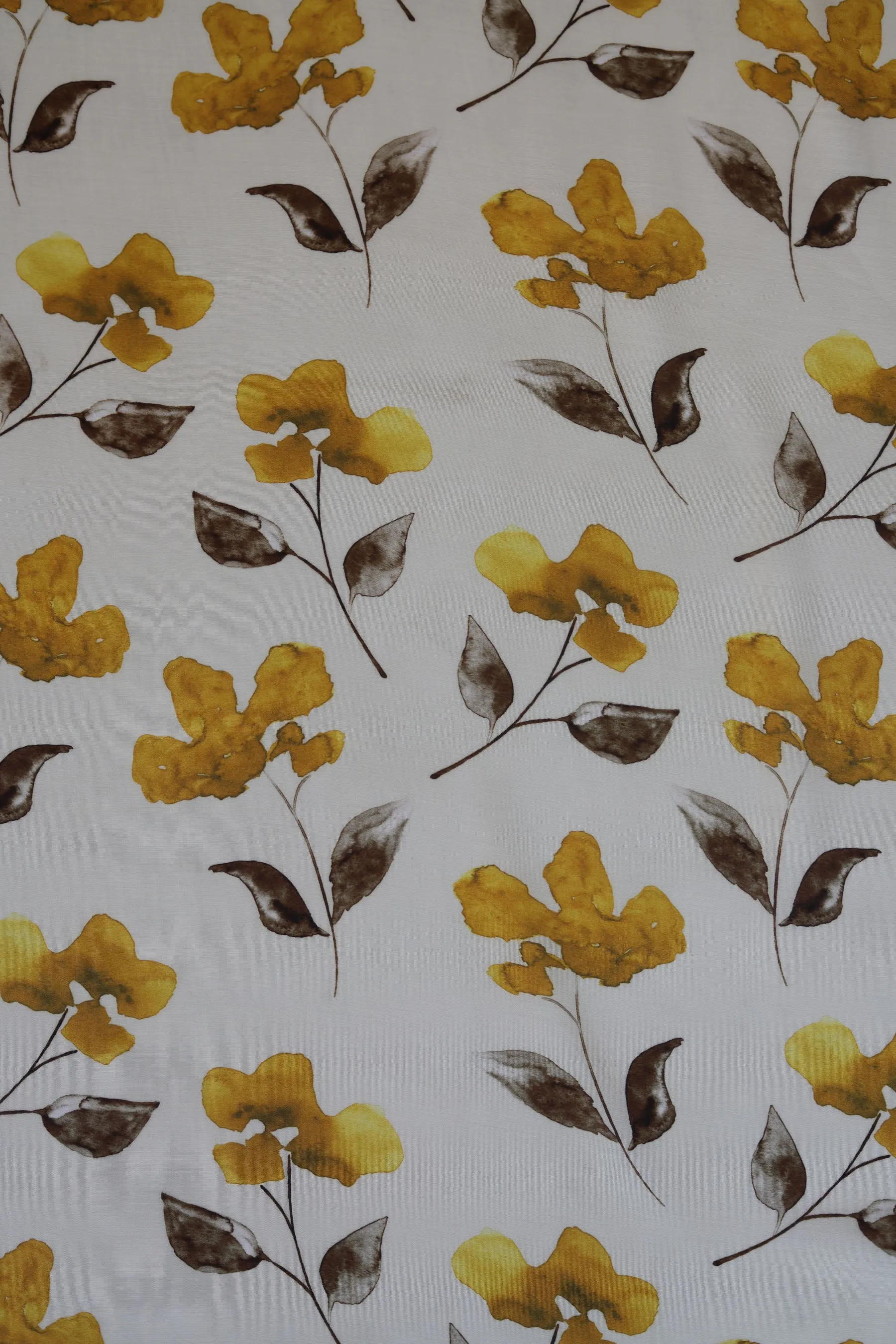 Mustard Floral Pattern Printed Natural Muslin Silk Fabric