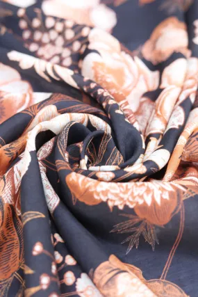 Ornate Copper Floral Pattern Printed Natural Muslin Silk Fabric