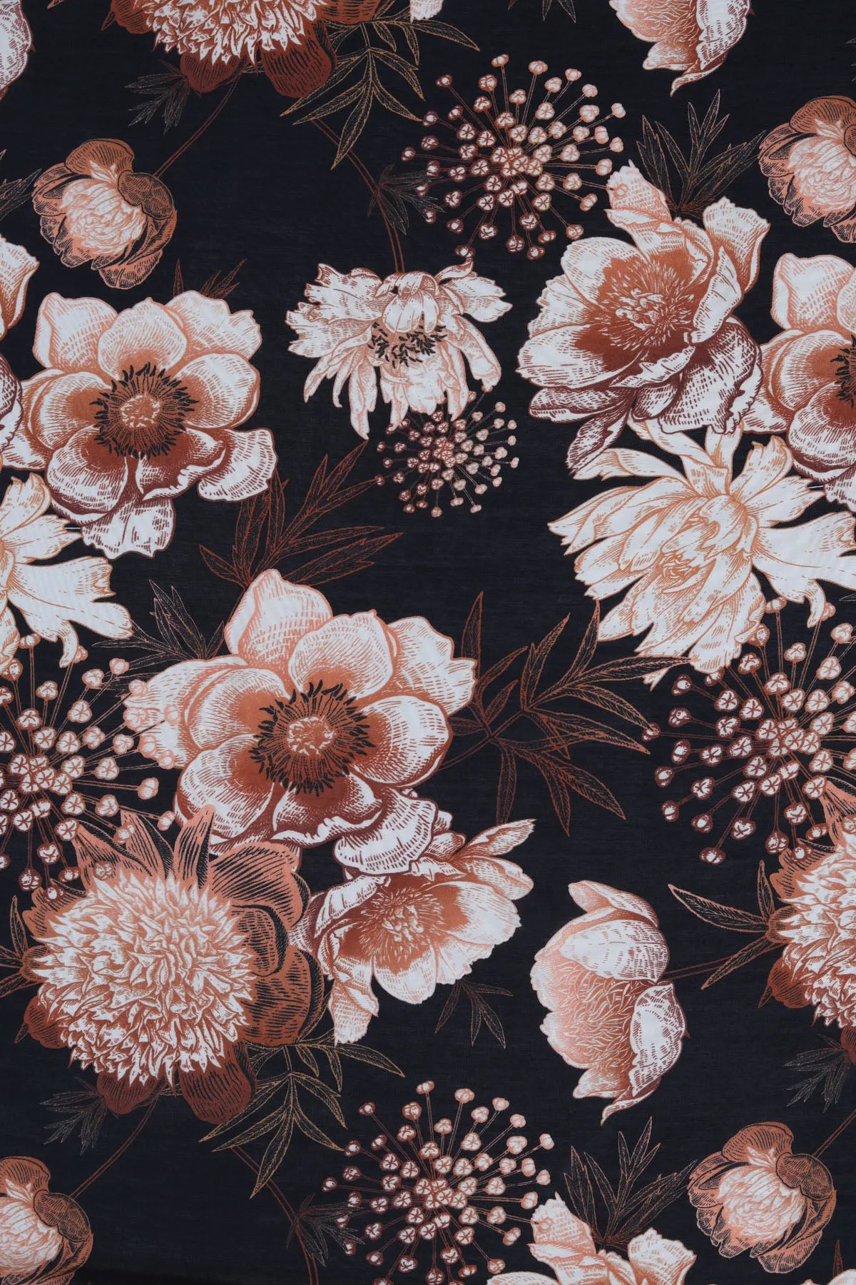 Ornate Copper Floral Pattern Printed Natural Muslin Silk Fabric