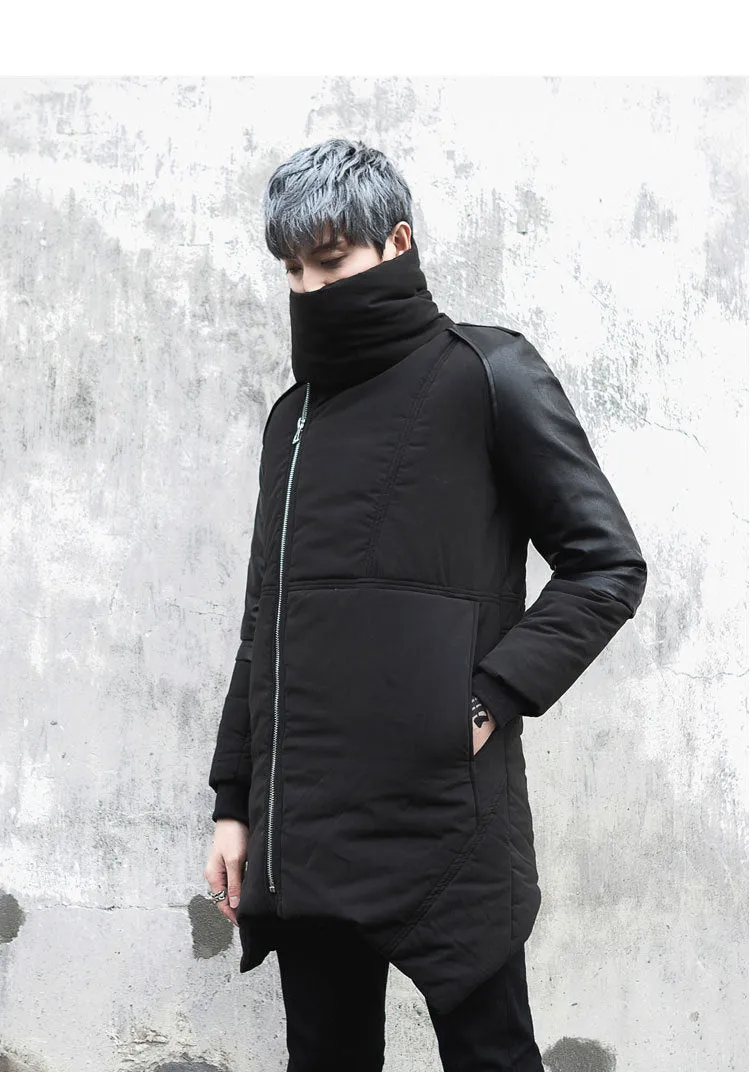 Parkas Rounded High Neck with Leather Split Sleeves Men Warm Jacket